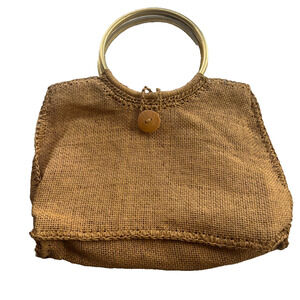 Boho Handmade Paper Bag Vintage 70s Tote Bag Beach Picnic Wood Button Closure